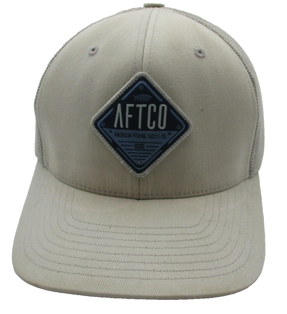 AFTCO Hat Cap Fitted Mens 7 1/8 Beige Mesh Trucker Flexfit Fishing Logo